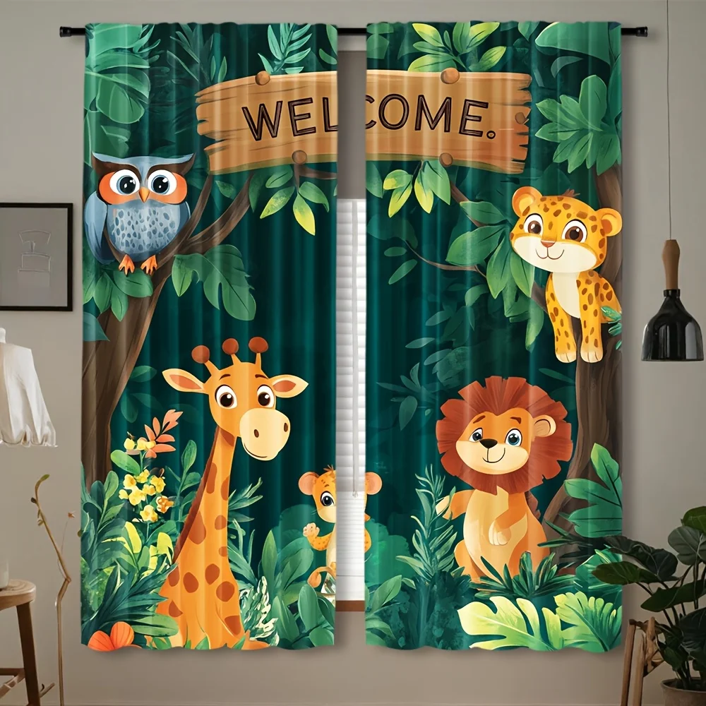 Welcome Jungle Wildlife Blackout Rod Pocket Curtain Cartoon Giraffe Lion Owl Leaf Decor Baby Homestay Bedroom Rest Bay Window