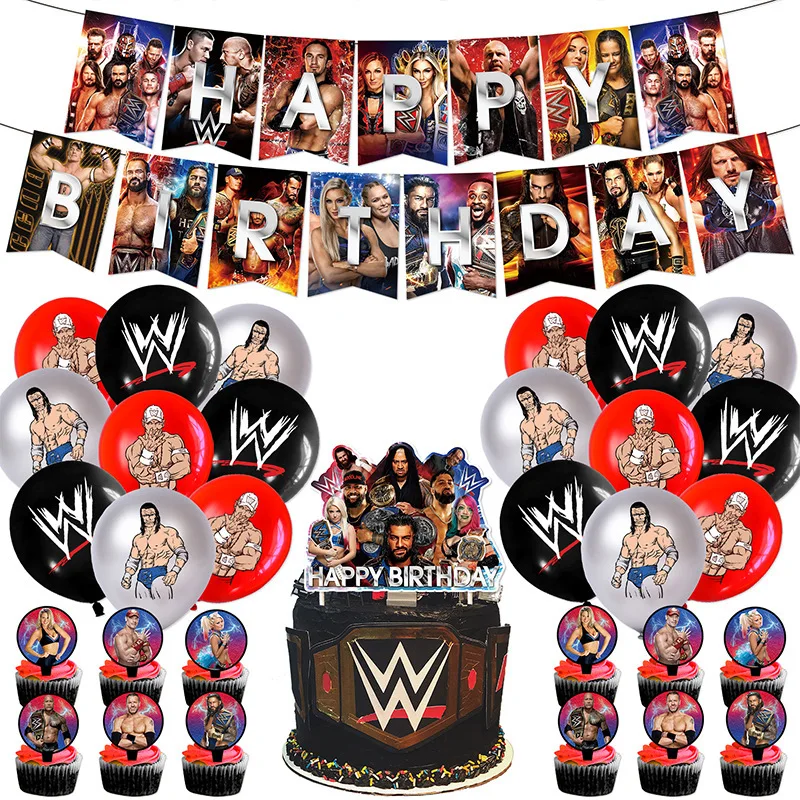 ไตรกีฬามวยปล้ำปาร์ตี้วันเกิดปาร์ตี้ WWE อุปกรณ์บนโต๊ะอาหารลูกโป่งยางฉากหลังแบนเนอร์ตกแต่งหน้าเค้กอุปกรณ์สำหรับงานเลี้ยงวันเกิด