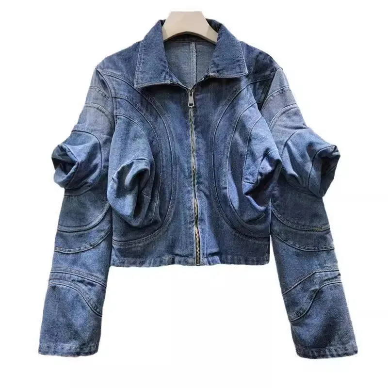 Spring Autumn Women Vintage Washed Blue Short Denim Jacket Zipper Decoration Lapel Chic Puff Sleeve Eans Jacket Coat Streetwear