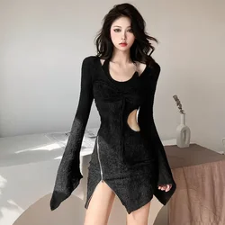 Women's Long Sleeve Dresses Black Hollow Female Dress Sensual Sexy X New In Trendy Elastic Casual Youth Designer A Line Thic Hot