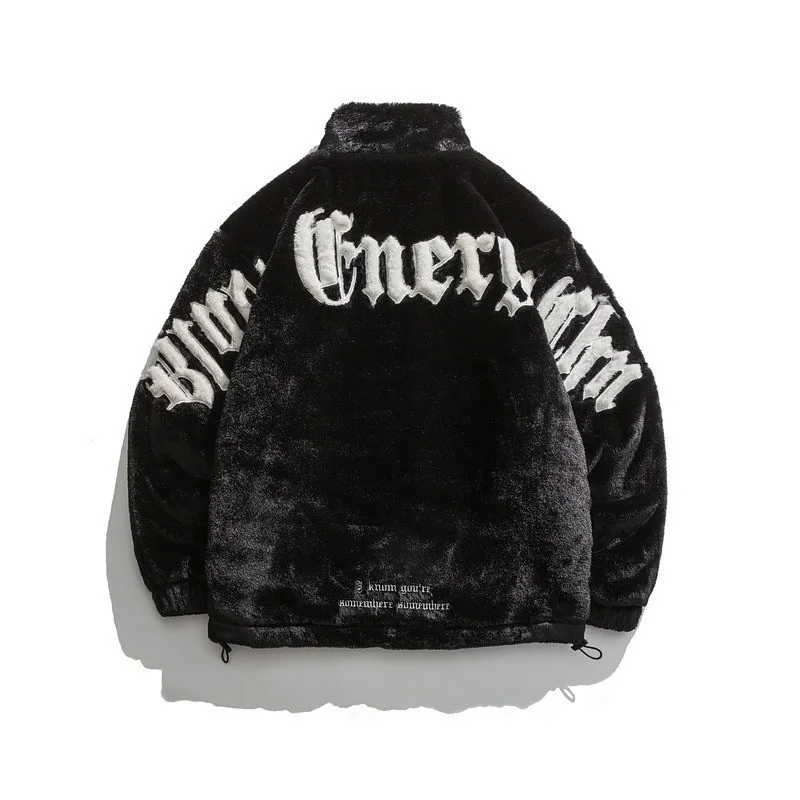 Fluffy Embroidered Fleece Zip Up Jacket Men Winter Warm Coat Hip Hop Loose Stand Collar Drawstring Outerwear