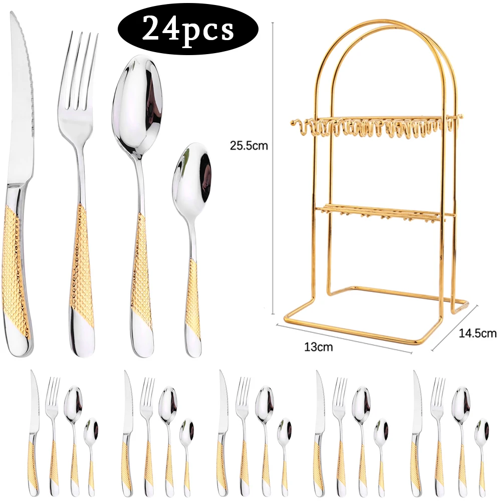 

Zoseil 24Pcs Cutlery Set Western Stainless Steel Dinnerware Mirror Tableware Knives Forks Tea Spoon Kitchen Flatware