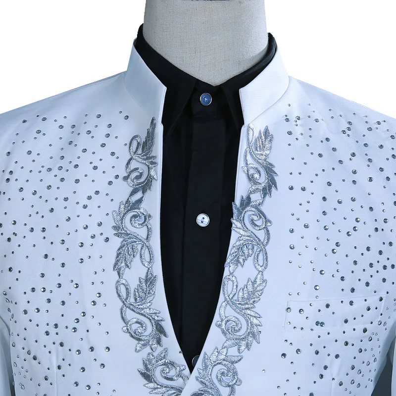 2025 New White/red /black Hot Flower Hot Diamond Collar Men Suit Set, Annual Meeting Host Singer Stage Party Performance Dress
