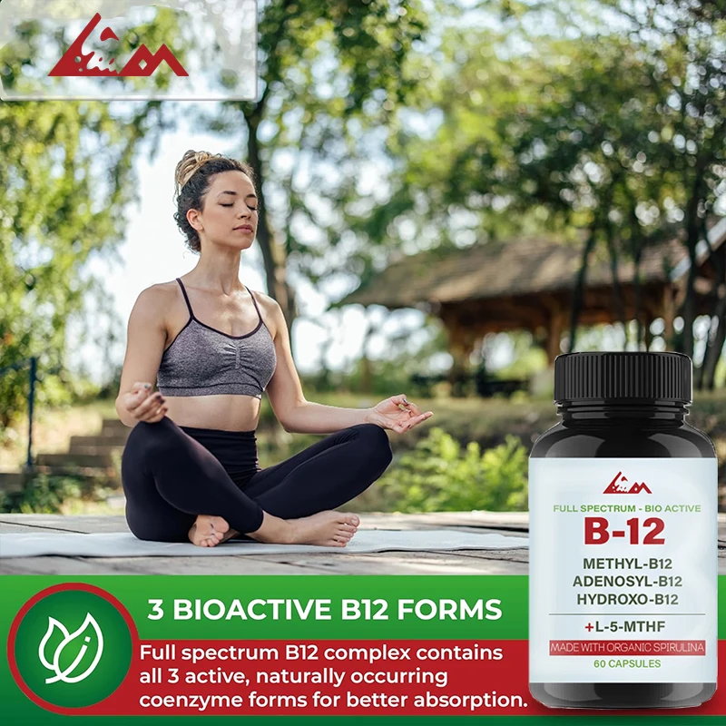 1000 mcg vitamin B12 complex containing methylcobalamine, adenosine cobalamine, and hydroxyB12 made from organic spirulina