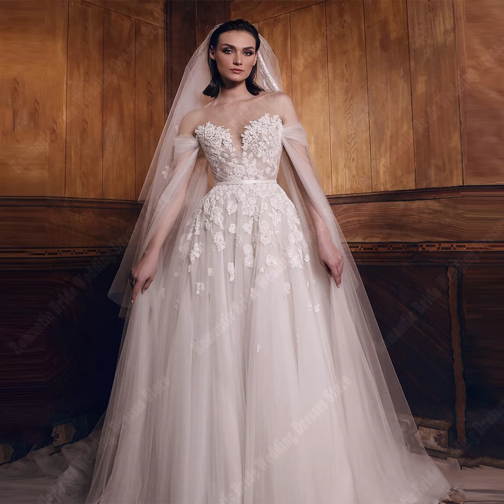 오프 숄더 여성 a 라인 웨딩 드레스 아가 칼라 레이스 꽃 인쇄 신부 가운 Mopping 길이 2025 맞춤형