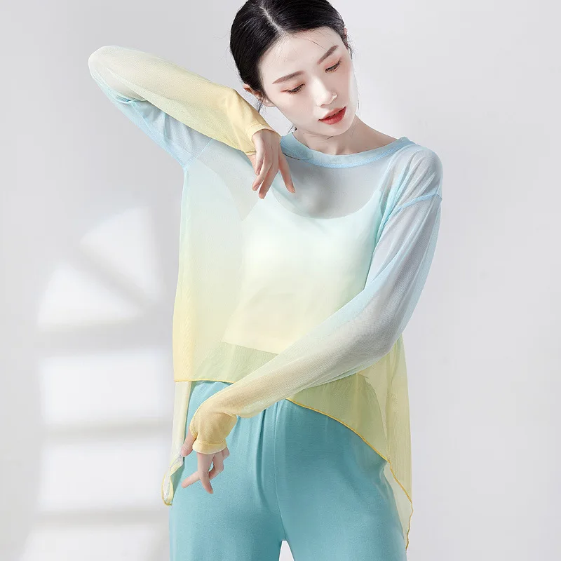 คลาสสิกเต้นรําผ้าพันคอElegantแยกส้อมการไล่ระดับสีตาข่ายจีนเต้นรําเสื้อผ้าผู้หญิง