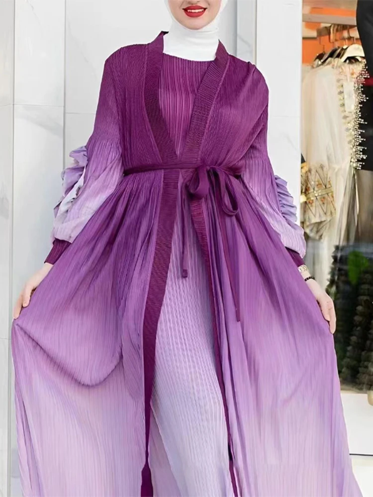 

ANLAN 2024 New Gradient Pleated 2 Piece Set Petal Sleeve with Belt Long Coat + Sleeveless Dresses Elegant Women's Clothing 6C829