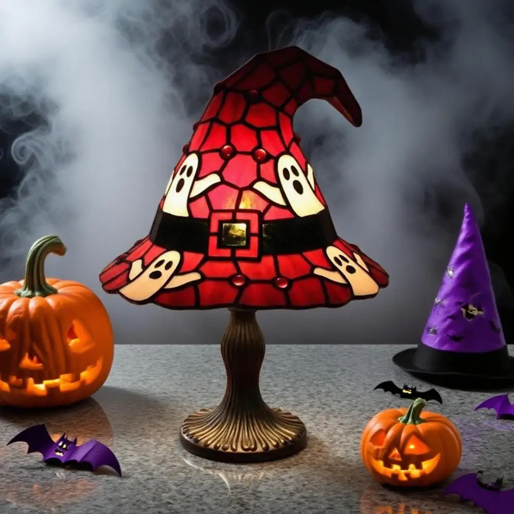 Charming Witch Hat Light Hat Led Night Light Table Lamp Set for Indoor Halloween Decor Handcrafted Stained Resin for Haunted