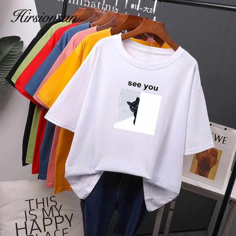 Hirsionsan Cartoon Printed Cotton Summer T Shirts Women Soft Kawaii Loose Tees Female Plus Size  Short Sleeve Tops for Lady 2023