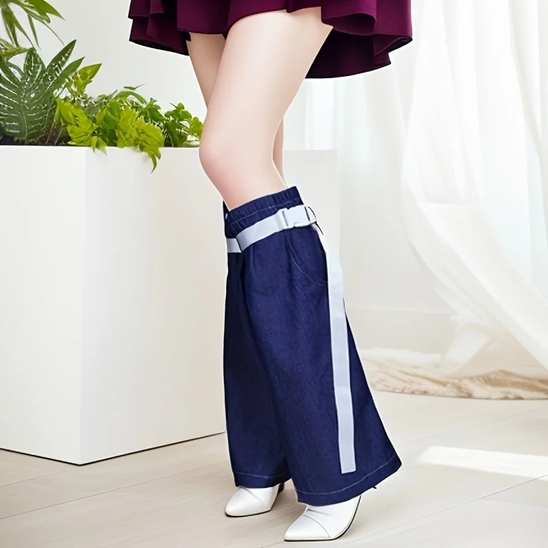 Denim Socks For Women Pockets Designed Blue Leg Warmer With White Belt Casual Hosiery Harajuku Streetwear 2025 Spring One Pair