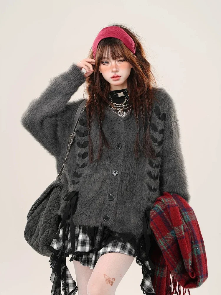 Y2k Aesthetic Cute Rabbit's Ears Hooded Cardigan Women Fluffy Sweater Coat Kawaii Streetwear Harajuku Fairy Bandage Grunge Coats