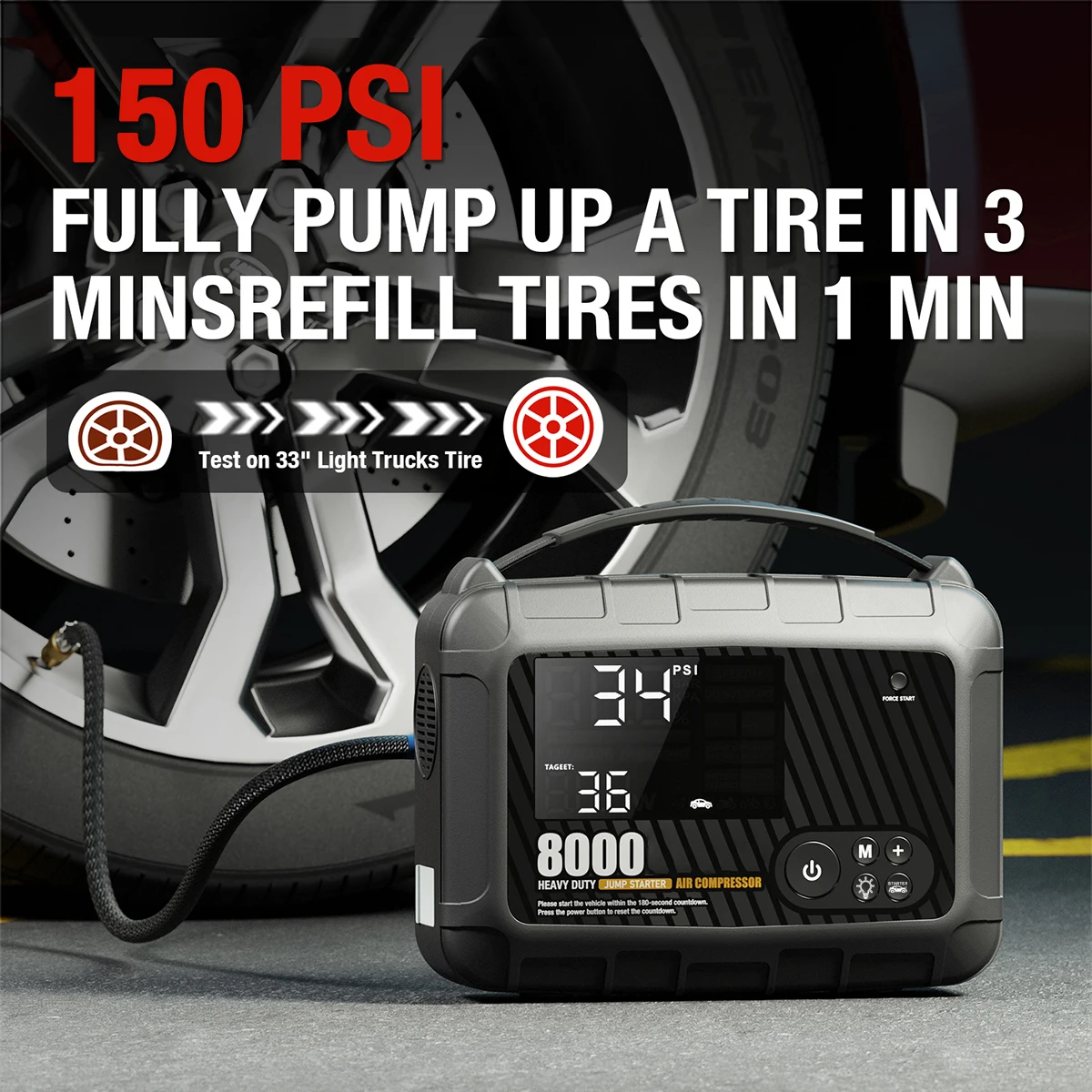16000mAh 3400A PRO Car Battery Jump Starter Power Bank with 150PSI Air Pump Compressor for Tire Inflator 6 In1 Multifunctional