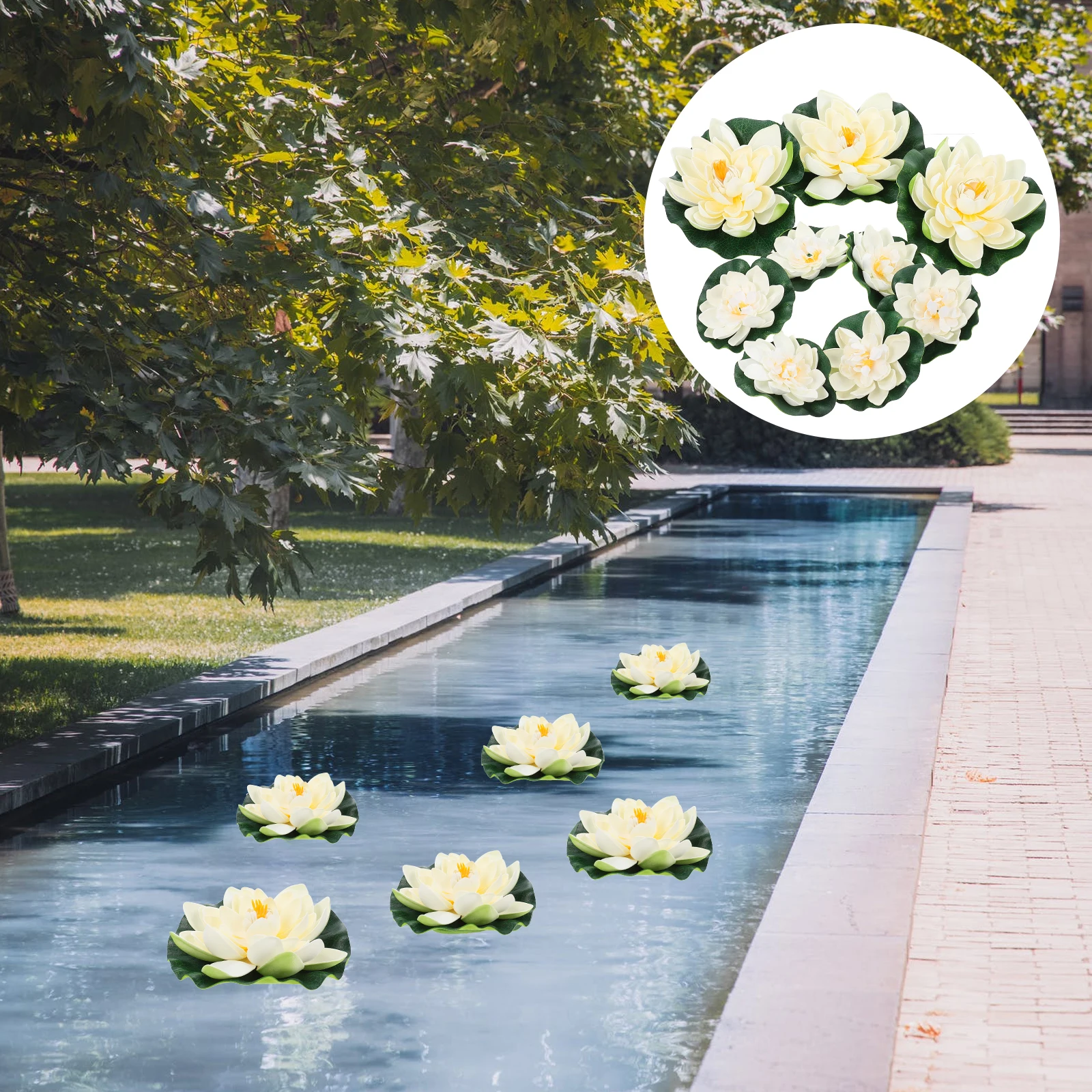 

9Pcs Artificial Water Lilies Deep Green Leaves White Flowers Floating Pond Decorations