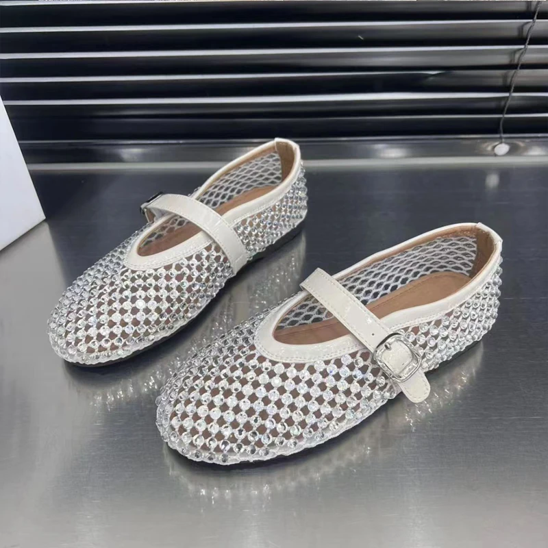 Luxury Crystal Rhinestone Fishnet Ballet Flats Woman Brand Design Rivet Studs Mesh Mary Jane Shoes Ladies Summer Cut Out Loafers