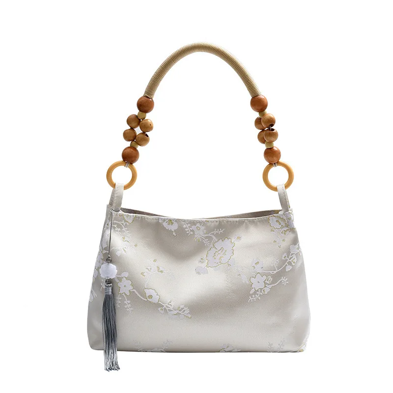 2024 New Bag Women's New Chinese Style Small and Popular Velvet Embossed Art Chinese Style Wooden Bead Single Shoulder Handbag