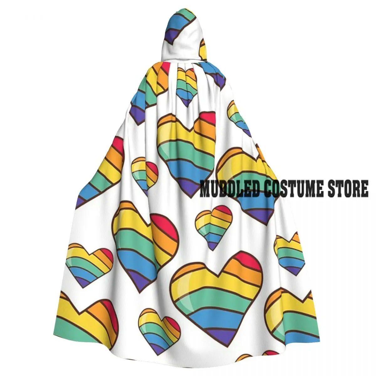 

Love Wins Pride Rainbow Hearts Long Hooded Cloak Witch Medieval Costume Cosplay Cape HalloweenVampire Adult Unisex