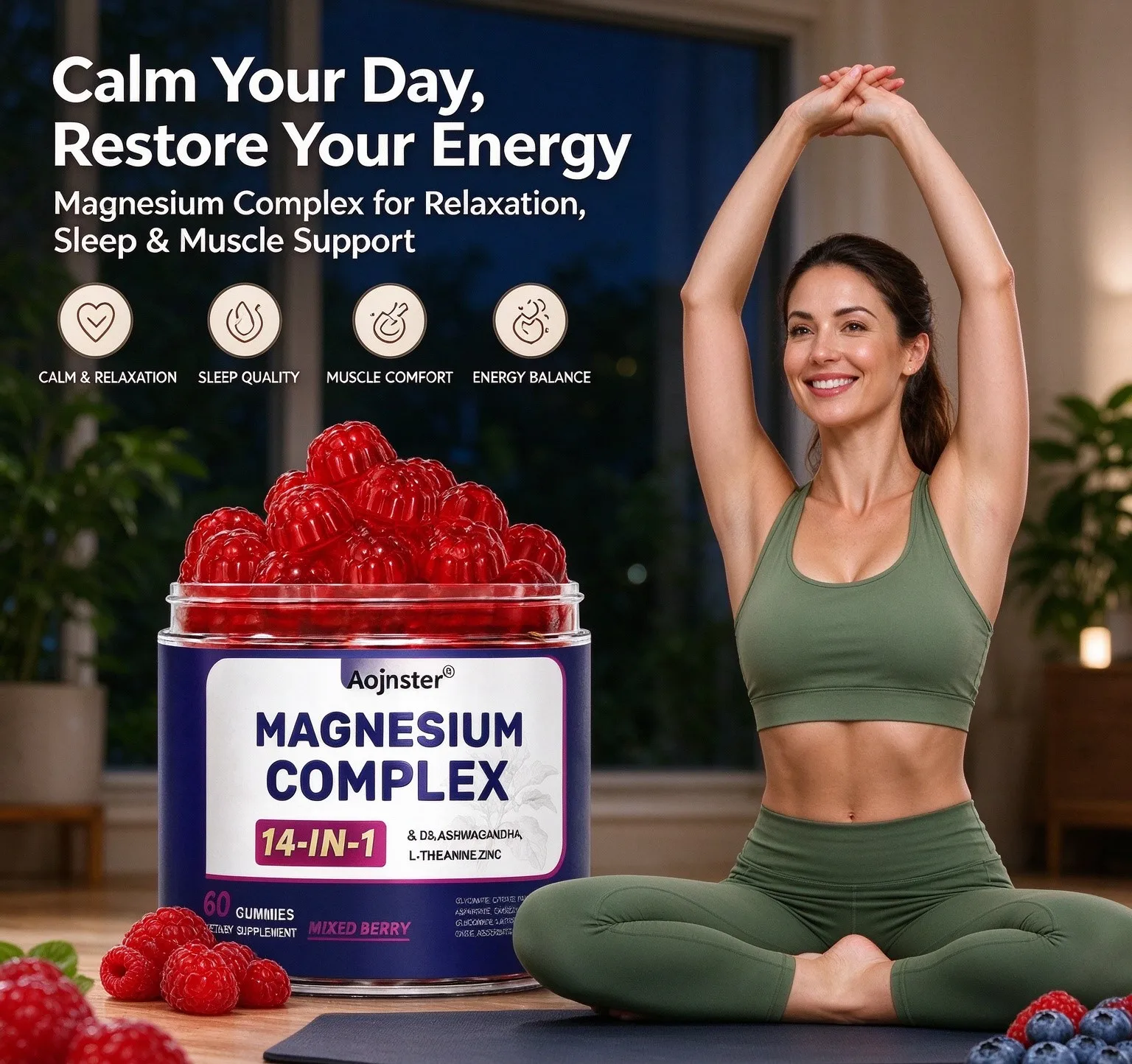 Sugar Free 14-in-1 Magnesium Complex Gummies with D3,Ashwagandha,L-Theanine & Zinc,Mixed Berry Flavor,Easy Chew Daily Supplement