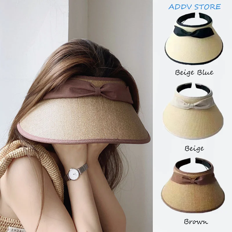 

Japanese Anti-UV Empty Top Headband Sunscreen Hat Shading Large Eaves Windproof Beach Hat Bow Straw Sun Hat