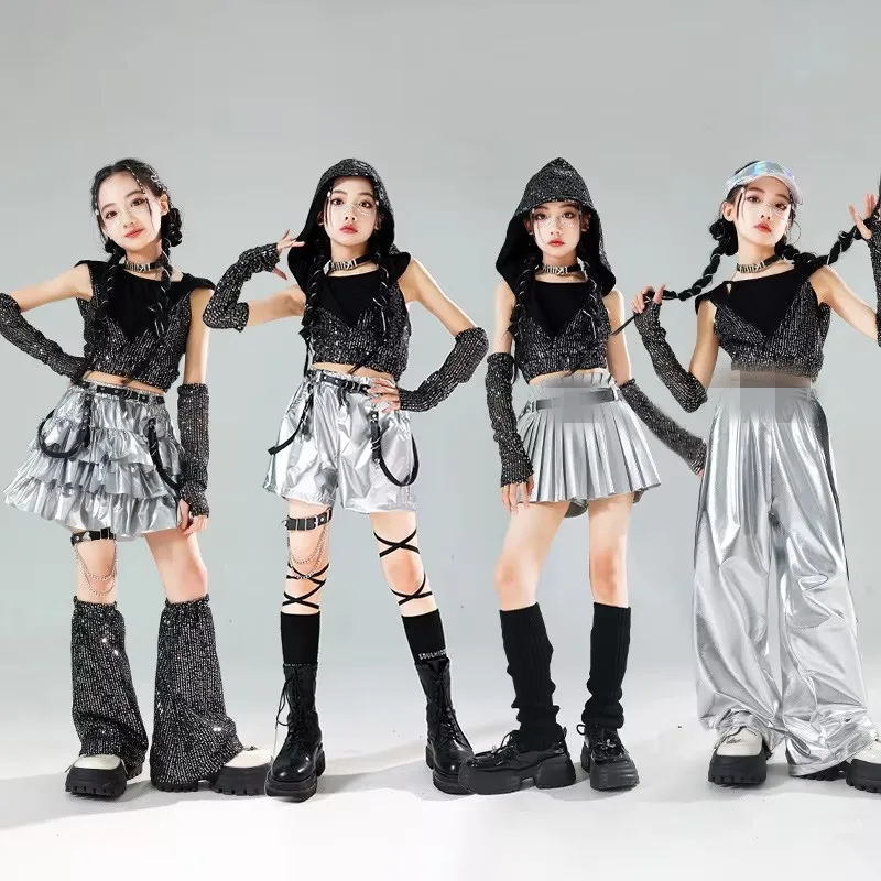 

Girls Sequin Crop Hoodies Street Dance Shorts Kids Skirts Hip Hop Jazz Silver Pants Clothes Sets Child Streetwear K-pop Costumes