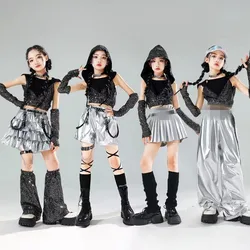 Girls Sequin Crop Hoodies Street Dance Shorts Kids Skirts Hip Hop Jazz Silver Pants Clothes Sets Child Streetwear K-pop Costumes