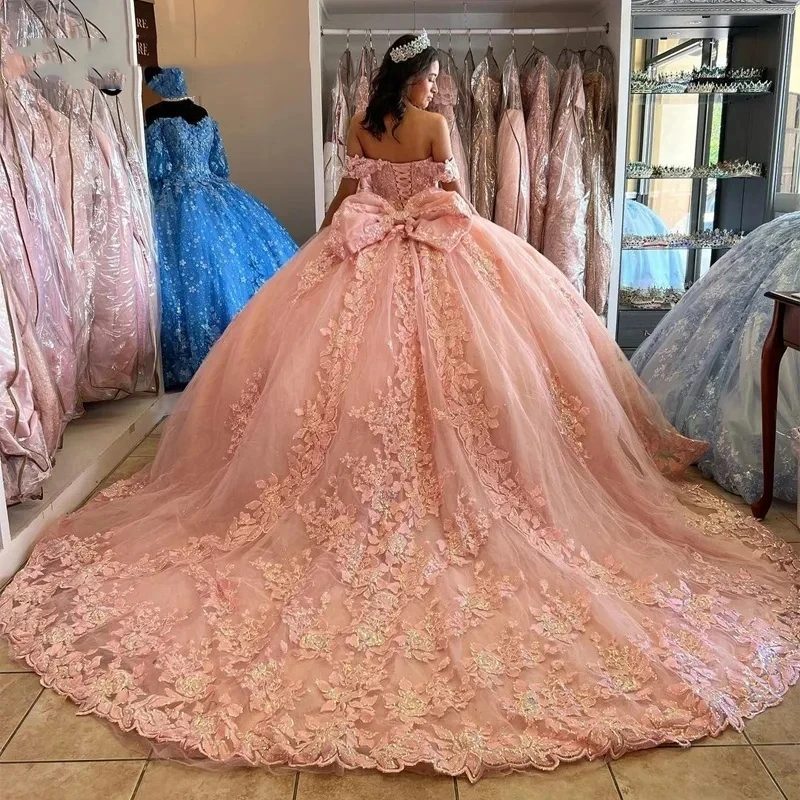 ANGELSBRIDEP Glittering  Pink Quinceanera Dresses Flower Lace Appliques Vestidos De 15 Anos Birthday Party Princess Train Corset