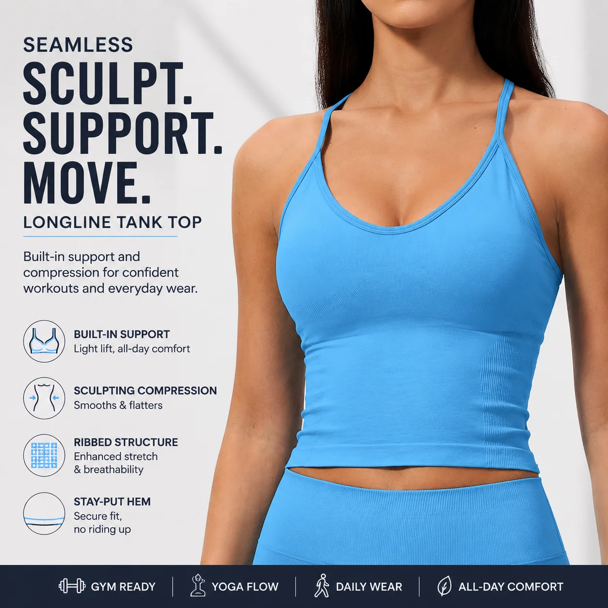 Women's Seamless Sculpting Longline Tank Top with Built-in Support Ribbed Compression Workout Camisole Stay-Put Hem Versatile Gy