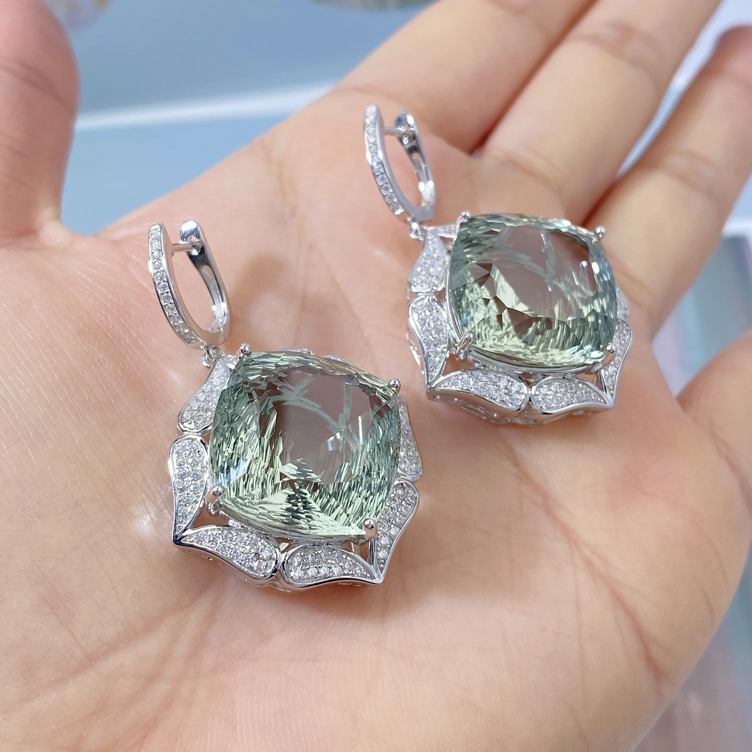 SILE Luxury 17MM Big Green Amethyst Drop Earrings For Women Natural Gemstones Fine Jewelry 925 Sterling Silver Long Earring Gift