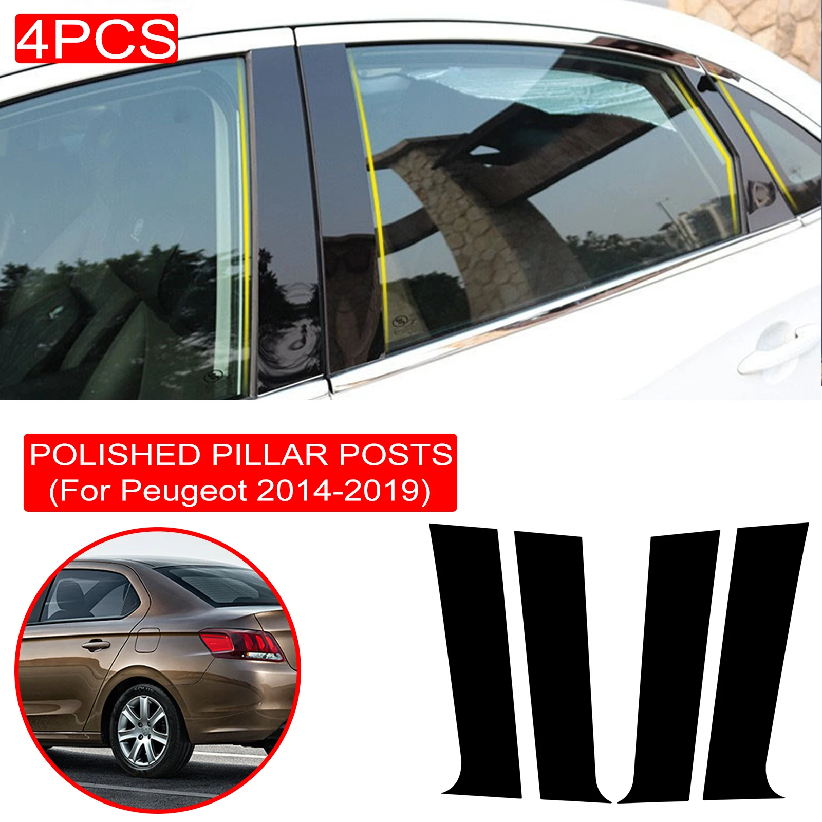 4PCS Polished Pillar Posts Fit For Peugeot 301 2014-2019 Window Trim Cover BC Column Accessories Sticker Gloss Black