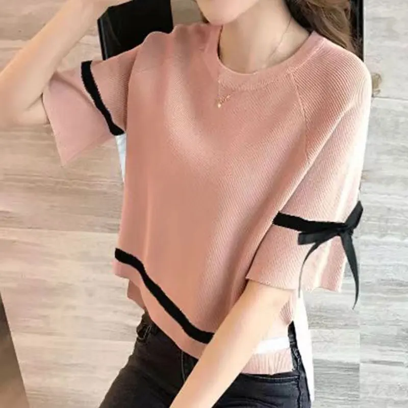 Women\'s O-Neck Short Sleeve Knitwear, Casual Loose Tops, Simplicity, Monochromatic, Temperament, Office Lady, Summer Fashion