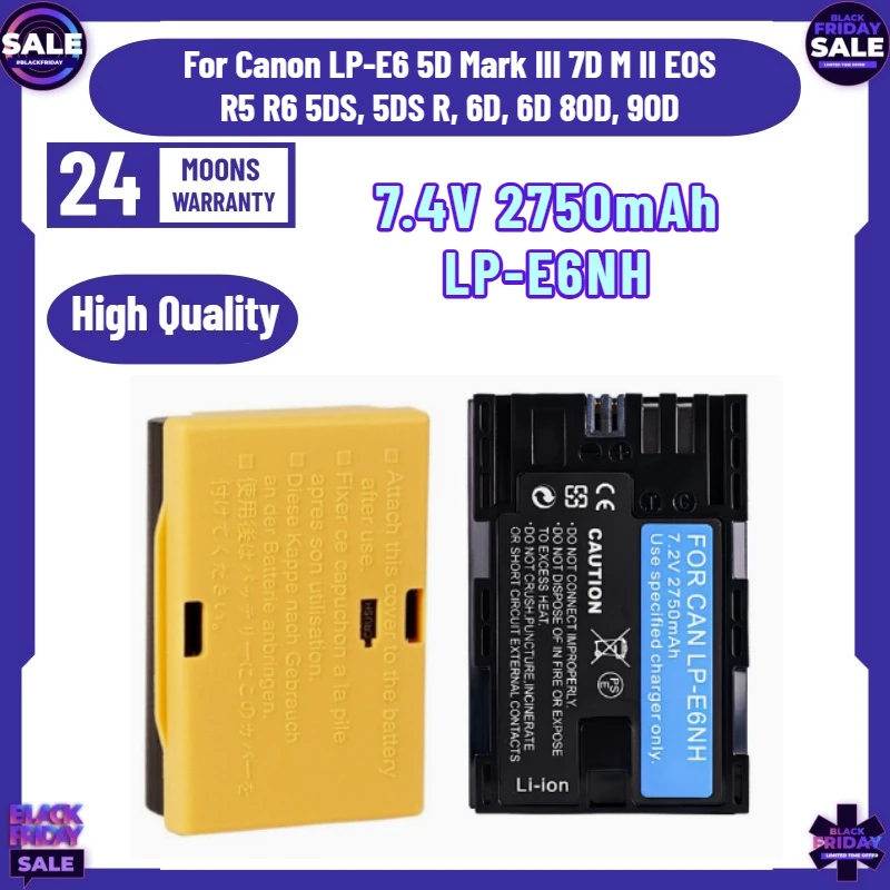 7.4V 2750mAh LP-E6NH Battery Fully Decoded for Canon LP-E6 5D Mark III 7D M II EOS R5 R6 5DS, 5DS R, 6D, 6D 80D, 90D