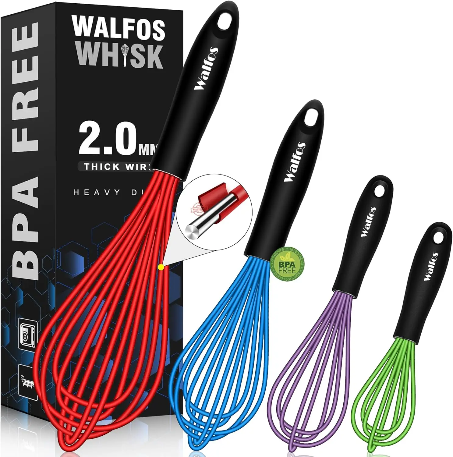 

Silicone Whisk Set of 4, Heat Resistant to 480°F, Non-Scratch for Cooking, Perfect for Frothing and Blending