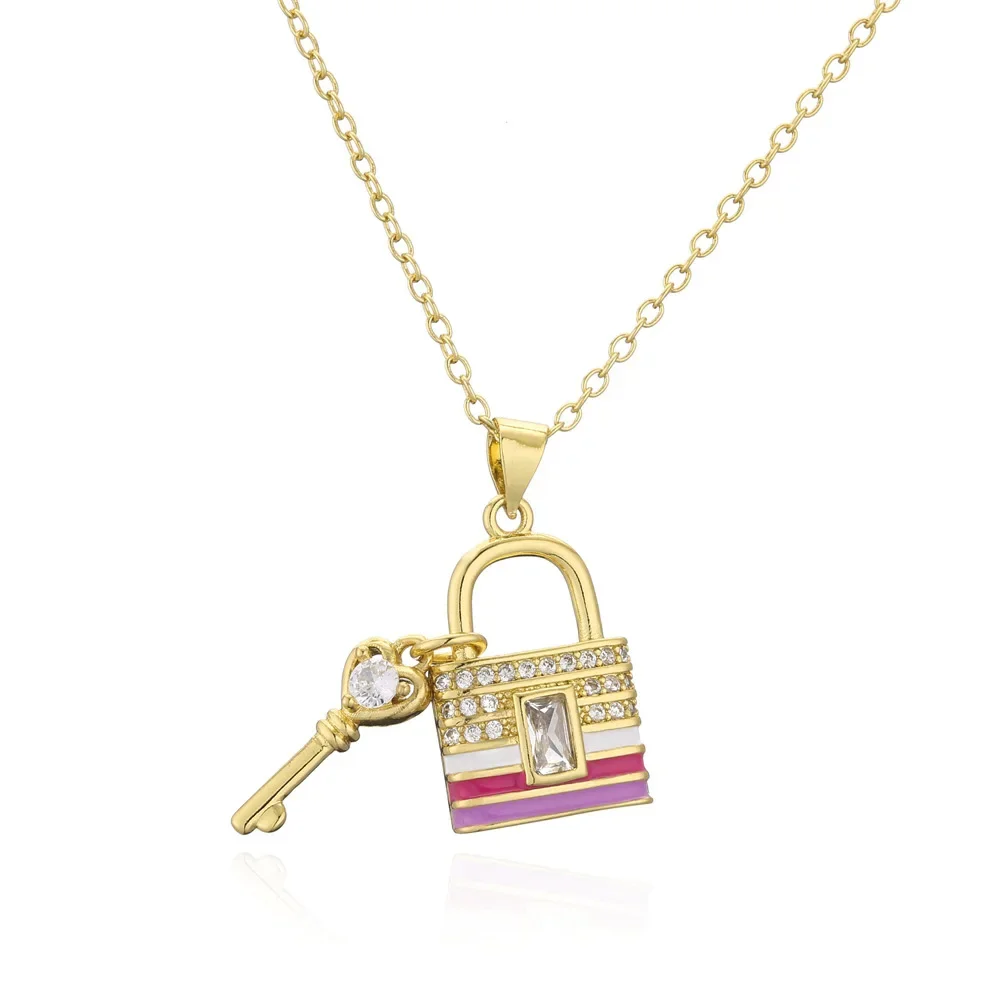 Fashion Gold Color Plated Key Lock Pendant Necklace Colorful Zircon Women Drip Oil Copper Gift for Mum New