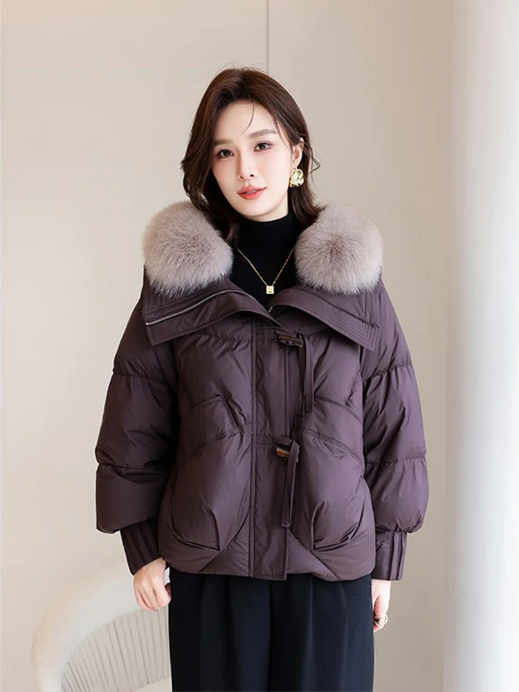 

2026 Winter New Women's ort Puffer Jaet Loose Fit Fur Collar Coffee Color Outerwear Slimming Effect Korean Sle