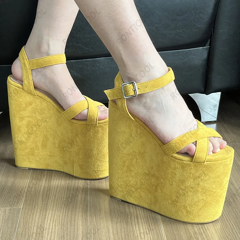 Ronticool New Arrival Women Platform Sandals Wedges High Heels Round Toe Elegant Black Cosplay Shoes Ladies US Plus Size 4-15