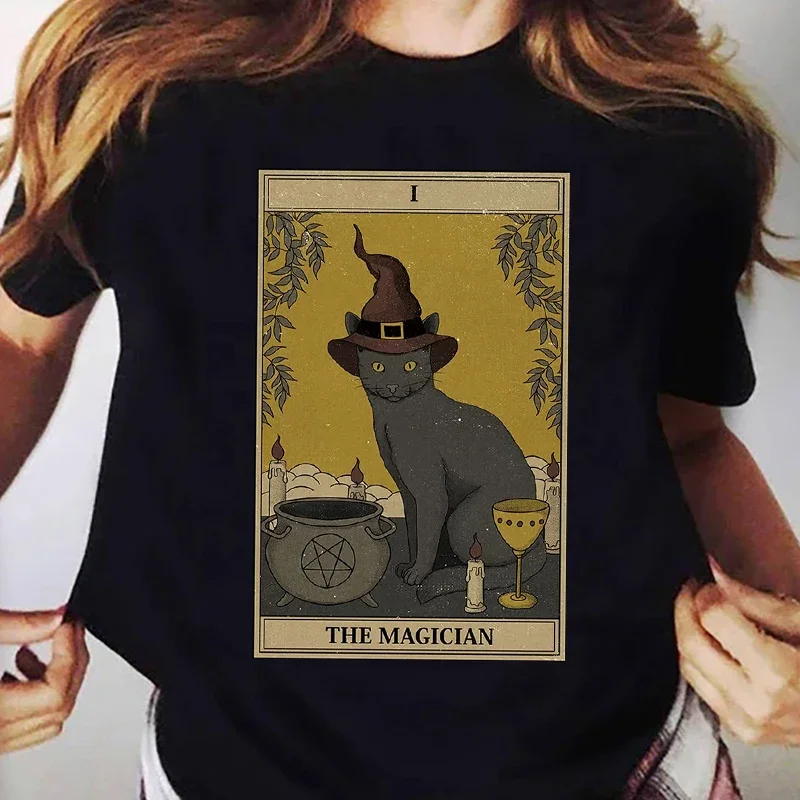 Funny Kawaii Tops Tees Ladies Tshirt 2022 The Tarot Card Cat Women T-shirt Cartoon The Magician Cats Black T shirt femme Tops