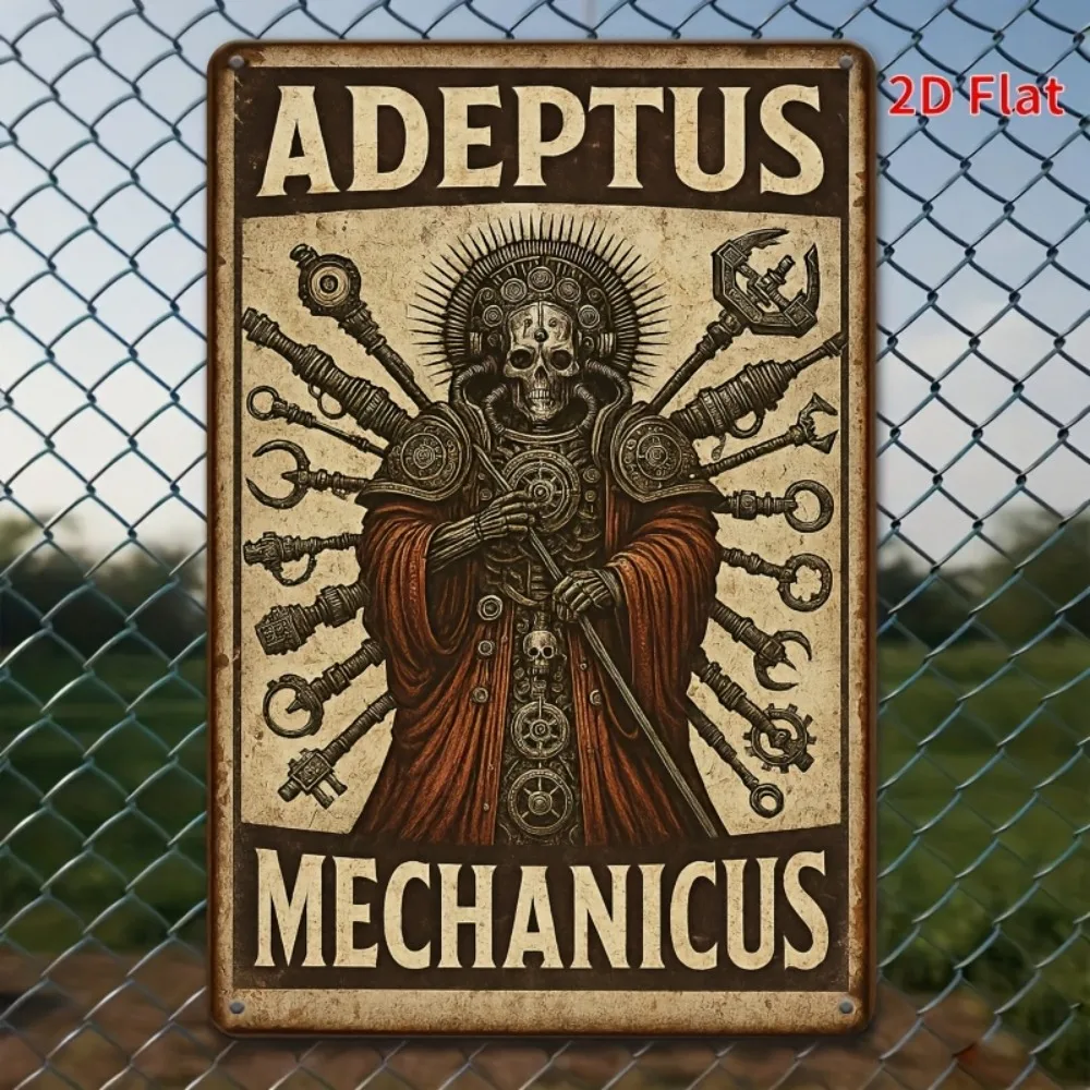 [2D Flat] 1pc Adeptus Mechanicus Vintage Metal Wall Art -Iron Sign with Intricate Skeleton & Gear Design
