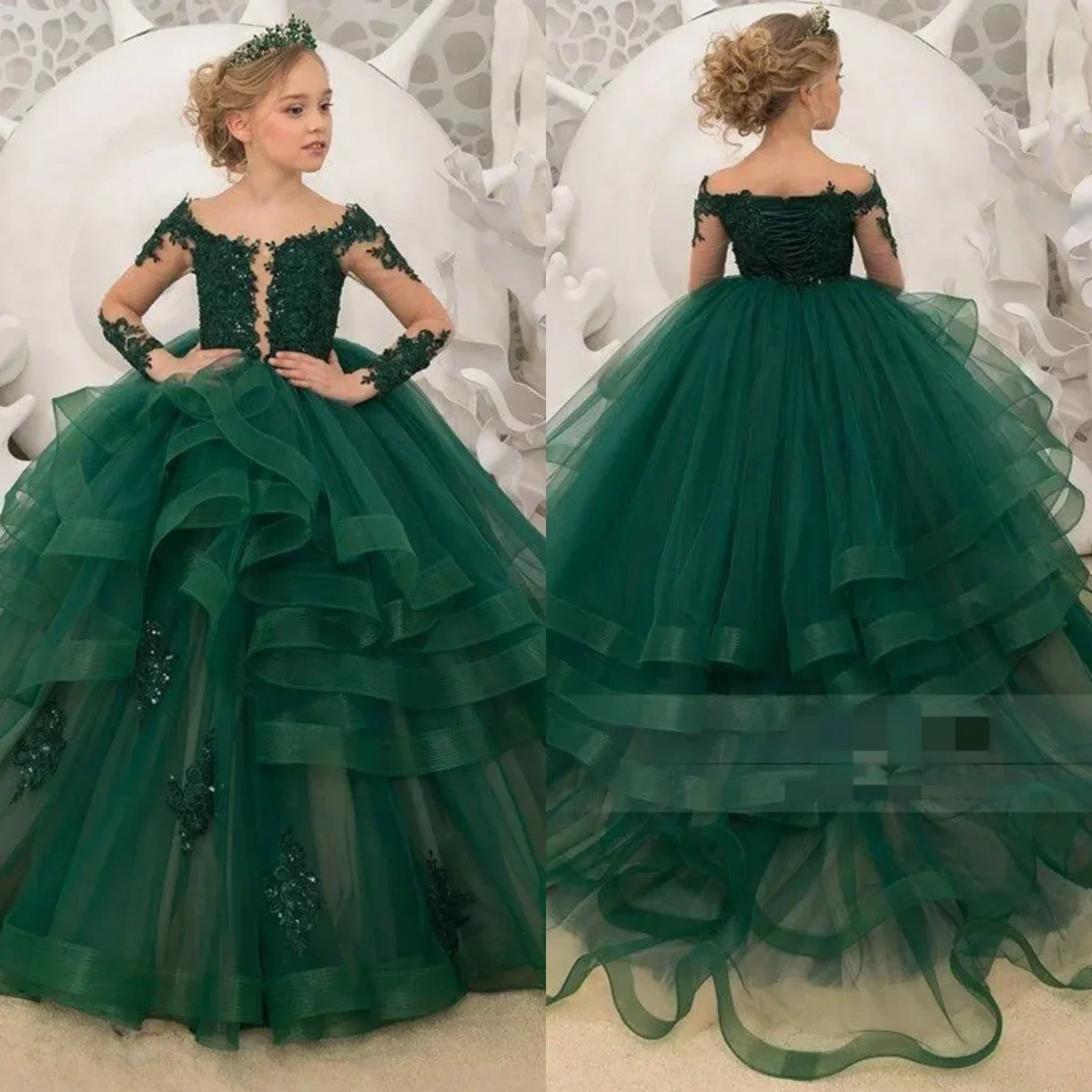 

Green Girls Party Gowns HT088 Embroidery Lace Flower Dresses Ruched Sequin Kids Party Dress Long Sleeve Vestido Primera Comunion