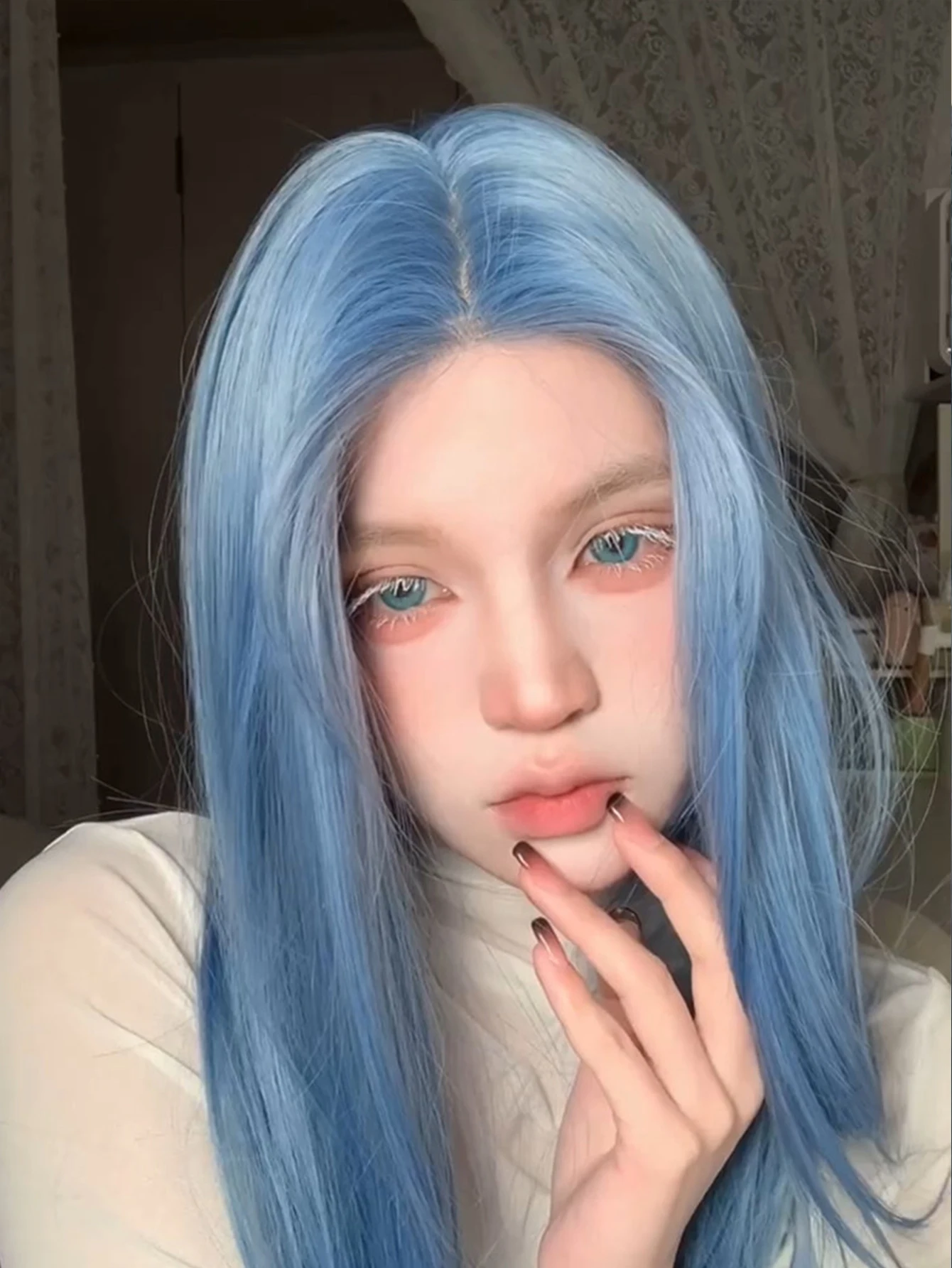 Synthetic Long Straight Lolita Lace Front Wig with Bangs Middle Part Wig Blue Cosplay Party Halloween Harajuku Wig For Women