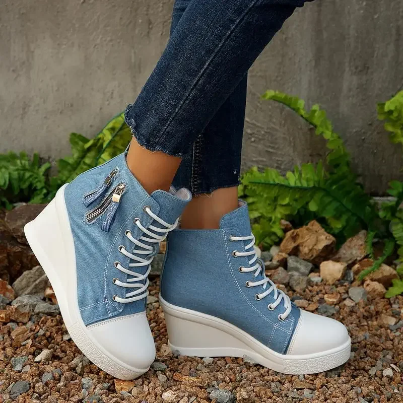 Fashion Denim Blue Canvas Shoes Women 2025 Autumn Metal Zip Decoration Lace Up Wedge Heel Pumps Casual High Heel Ankle Shoes view 3