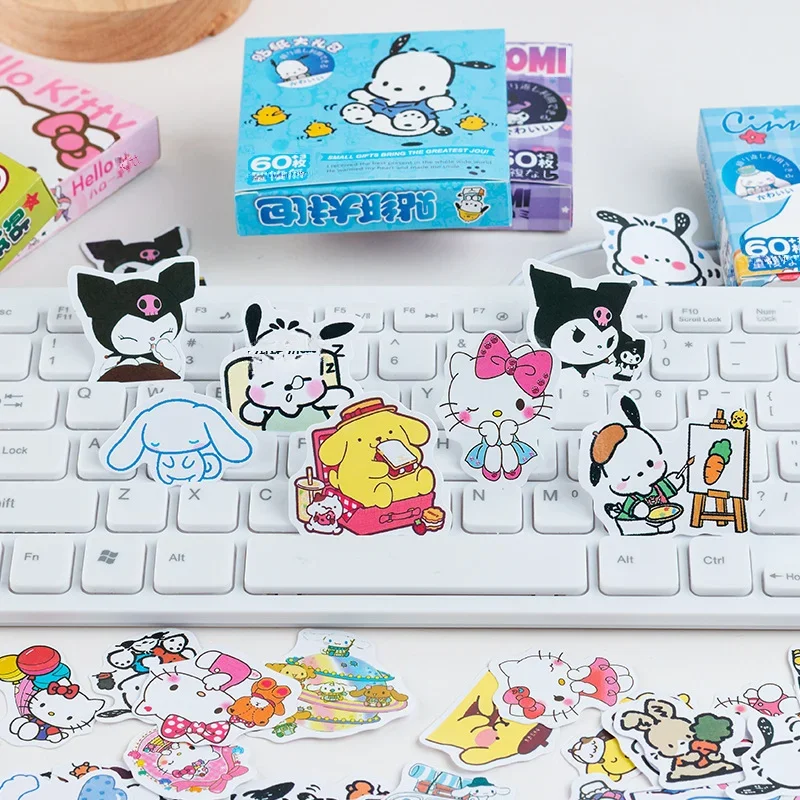 60 szt. Sanrio śliczne naklejki Kurumi naklejki z kreskówek Tamagotchi pies Pacha pies Kawaii Doodle zabawki prezenty urodzinowe