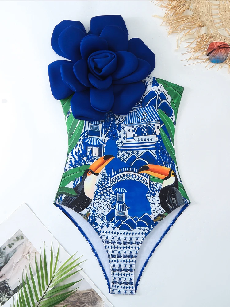 Moda róża czerwony nadruk jednoczęściowy strój kąpielowy Sexy jedno ramię kwiat wysoki stan damski strój kąpielowy okrycie kostium kąpielowy na plażę