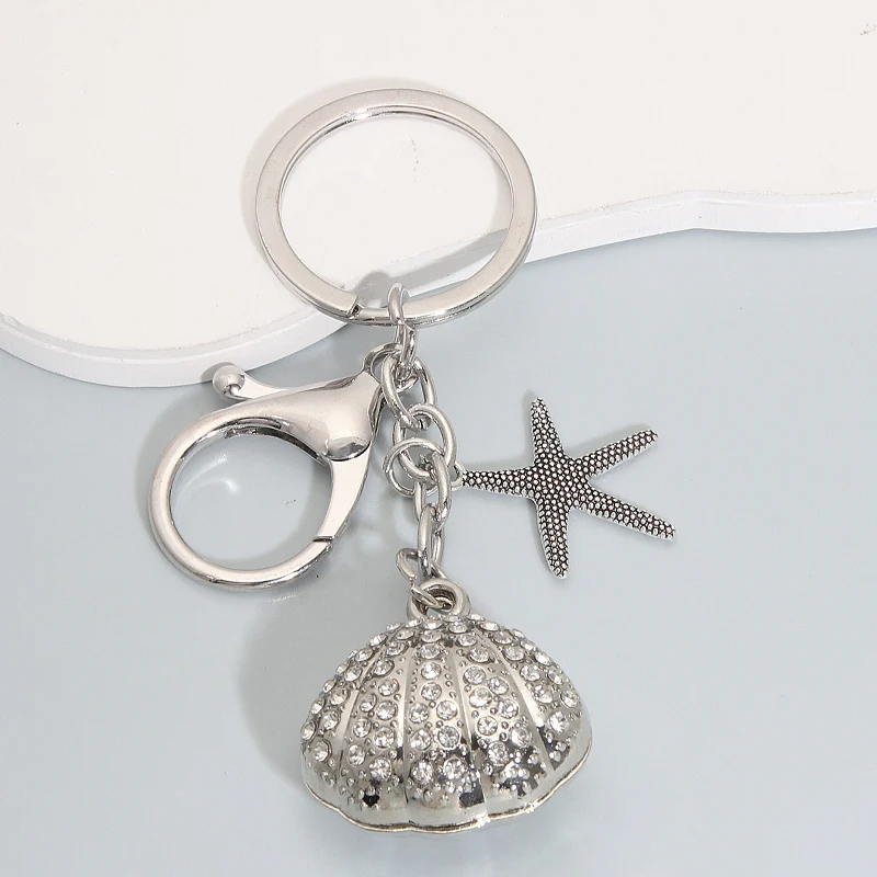 Fashion Pearl Starfish Shell Alloy Keychain Silver Color Sea Key Chains For Making Handmade DIY Jewelry Accessories Findings