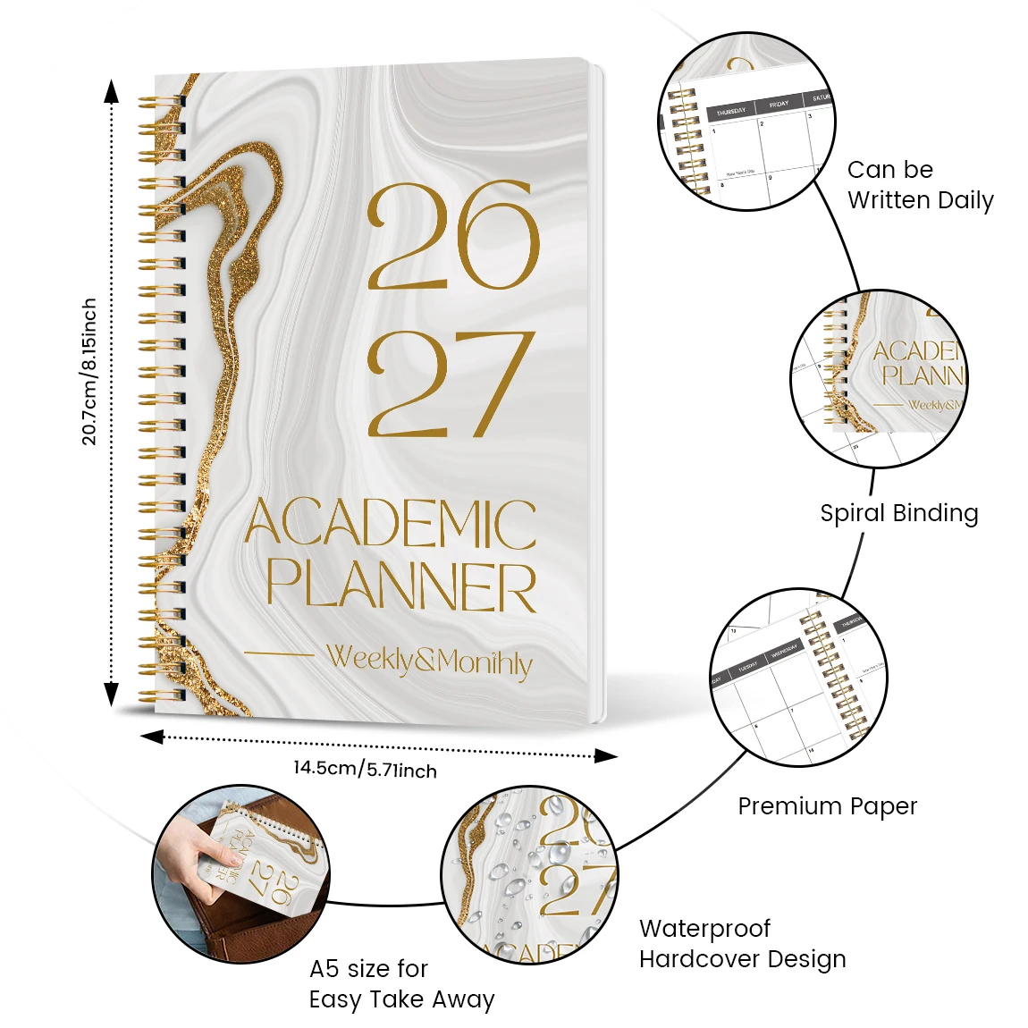 2026.1-2027.12 Agenda settimanale mensile Organizzatore accademico, elegante copertina in marmo dorato, calendario a spirale per la produttività del lavoro di studio
