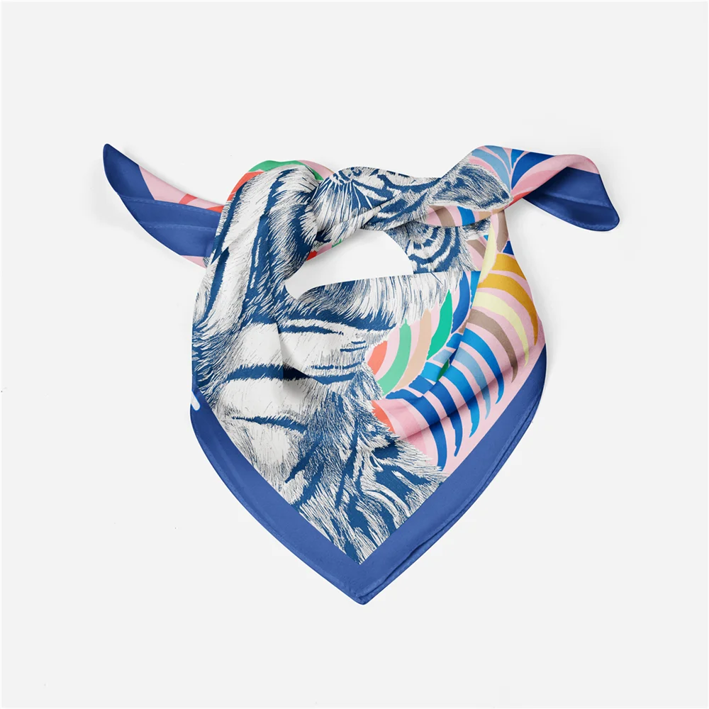 Twill-Seidenschal für Damen, indischer Tiger-Druck, quadratische Schals, Wickel, Bandana, kleine Hijabs, Seidenfoulards, Krawatte, Stirnband, Halstuch, 53 cm – Detail 2