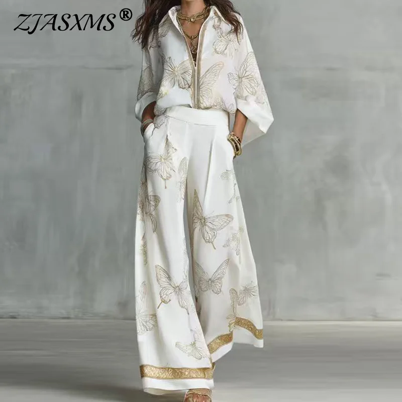 2026 Women Butterfly Print 2 Piece Outfit Shirt Wide Leg Pants Set Golden Trim Lapel Zipper Solid Trousers Holiday Matching Suit