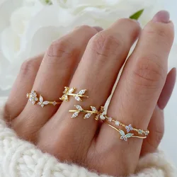 4Pcs/Set Vintage Inlay-Drilled Butterfly Metal Rings Set for Women Simple Open Mouth Branches Leaves Ring Paty Jewelry Gift