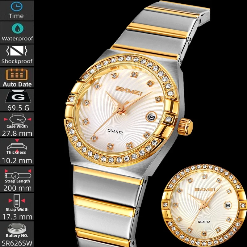 

Skmei Роскошные брендовые часы-браслет для женщин, аналоговый циферблат со стразами, ремешок из нержавеющей стали, кварцевый календарь, водонепроницаемое время