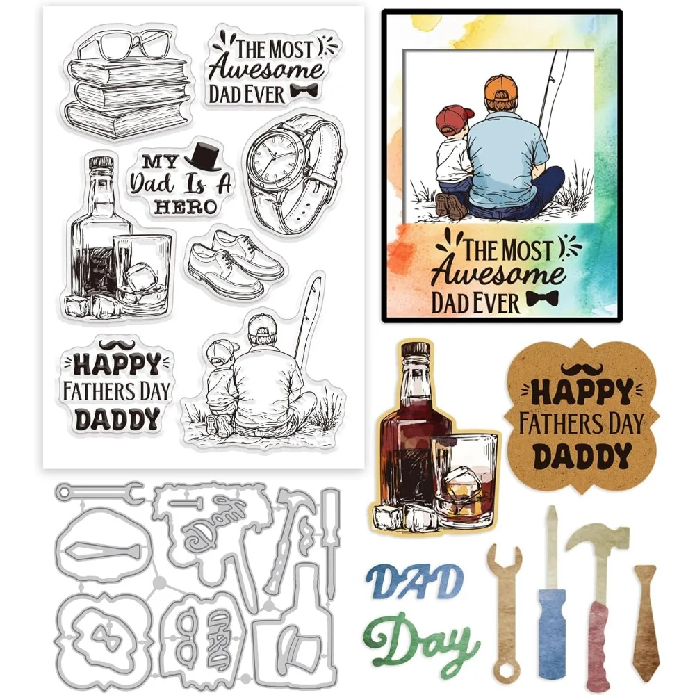 Vatertagselement, transparente Stempel und Metallstanzformen, Angelbücher, Whisky, transparenter Stempel, Stanzformen für Vater und Sohn, für Karten