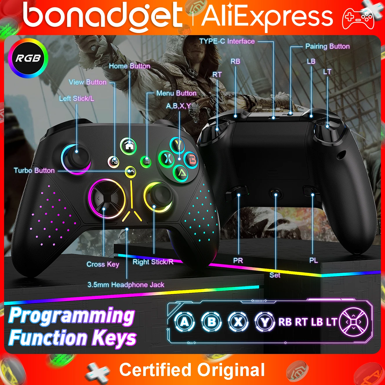 Kontroler Wi-Fi do Xbox One/Xbox One S/X/Series S/X PC, bezprzewodowy gamepad Bluetooth RGB z funkcją Turbo/programowaniem ruchów, joystick do gier.
