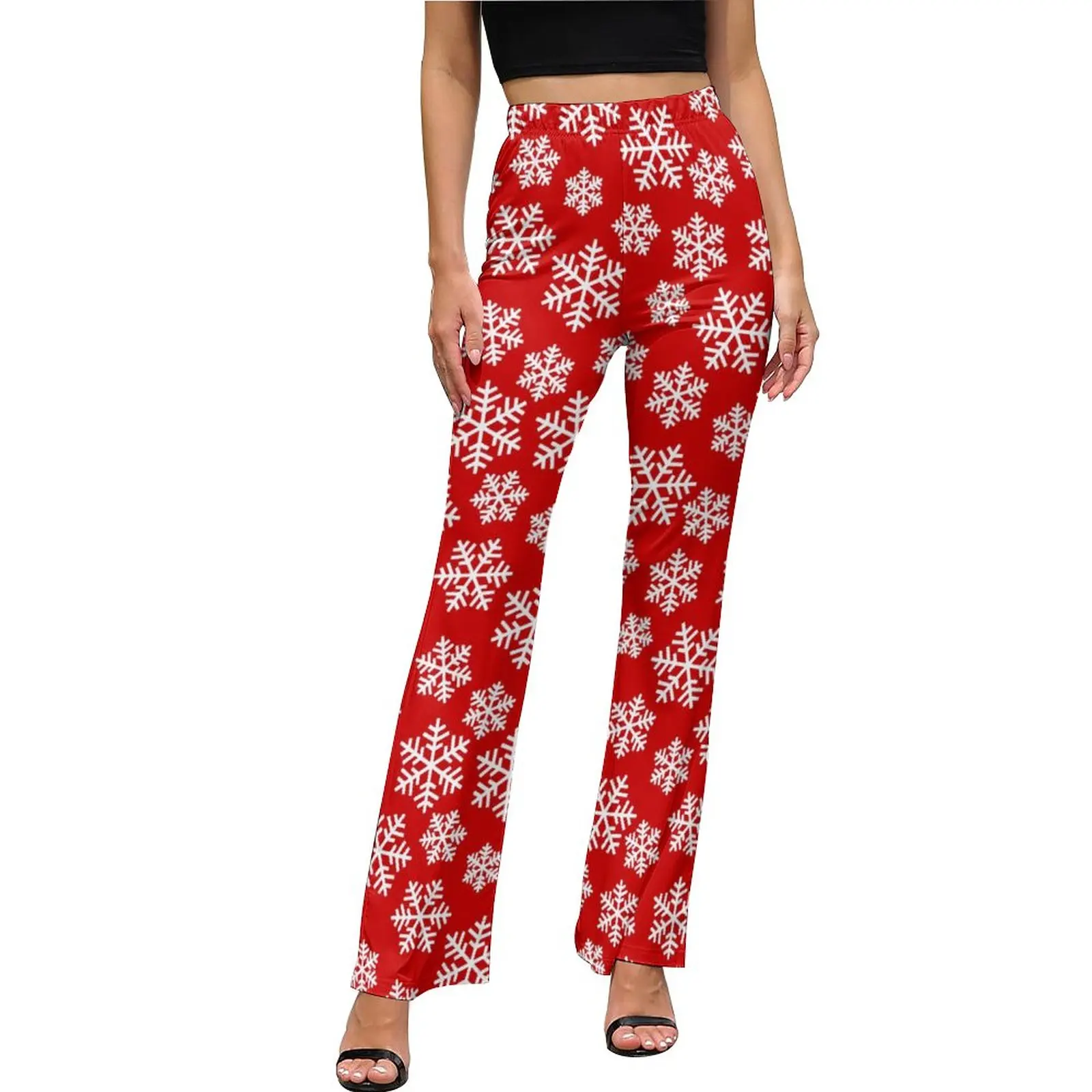 Winter Snowflake Pants Red Print Elastic Waist Elegant Flared Trousers Summer Graphic Streetwear Pants Birthday Gift